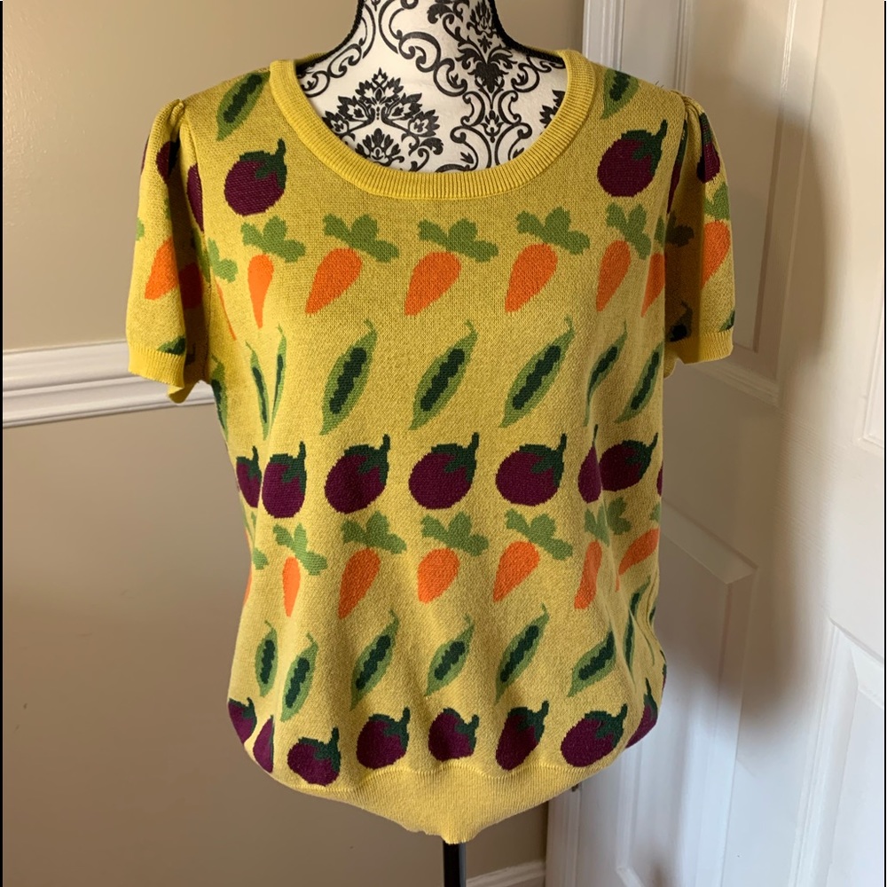 ModCloth Yellow Short-Sleeve Vegetable Pattern Sweater - Picture 2 of 11
